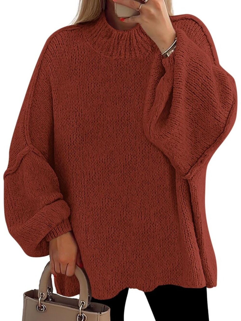 Women Burnt Orange Oversized Mock Neck Drop Shoulder Chunky Knit Slouchy Sweater